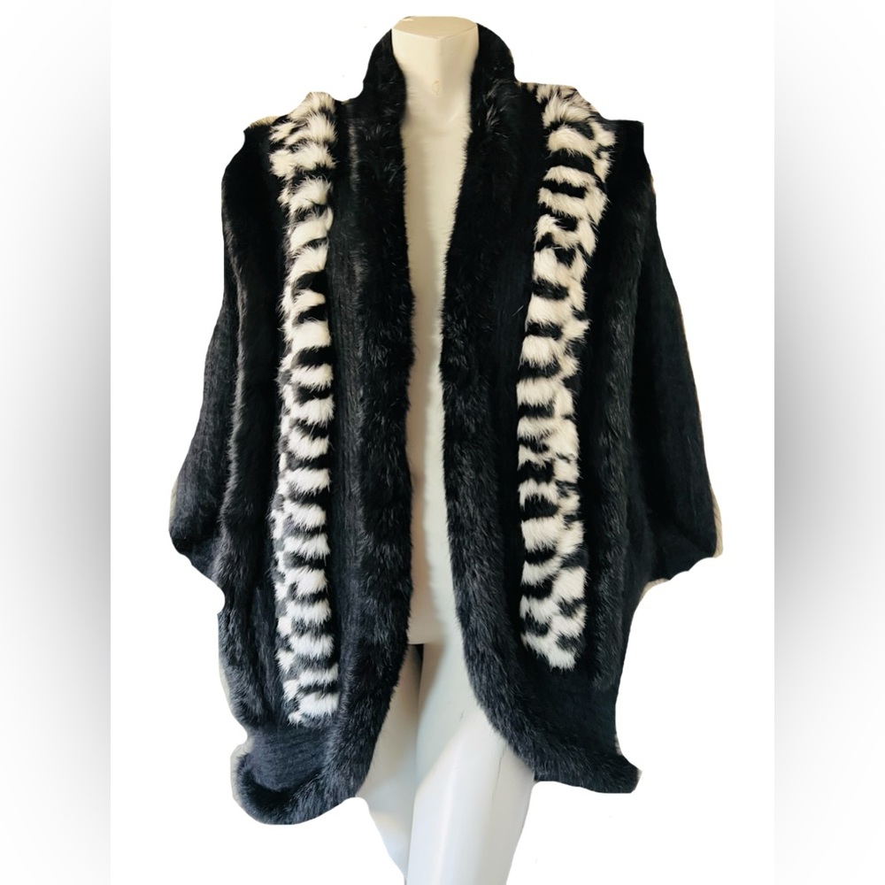 Vtg 1995 Angora Cocoon Sweater Coat Black & White
